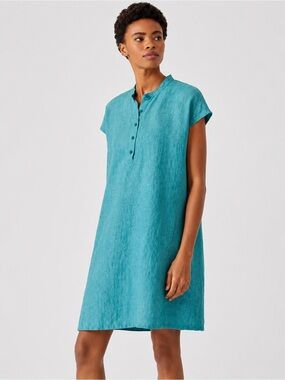 Eileen Fisher Organic Linen Tunic Dress Medium Teal Mandarin Collar Pockets Mini